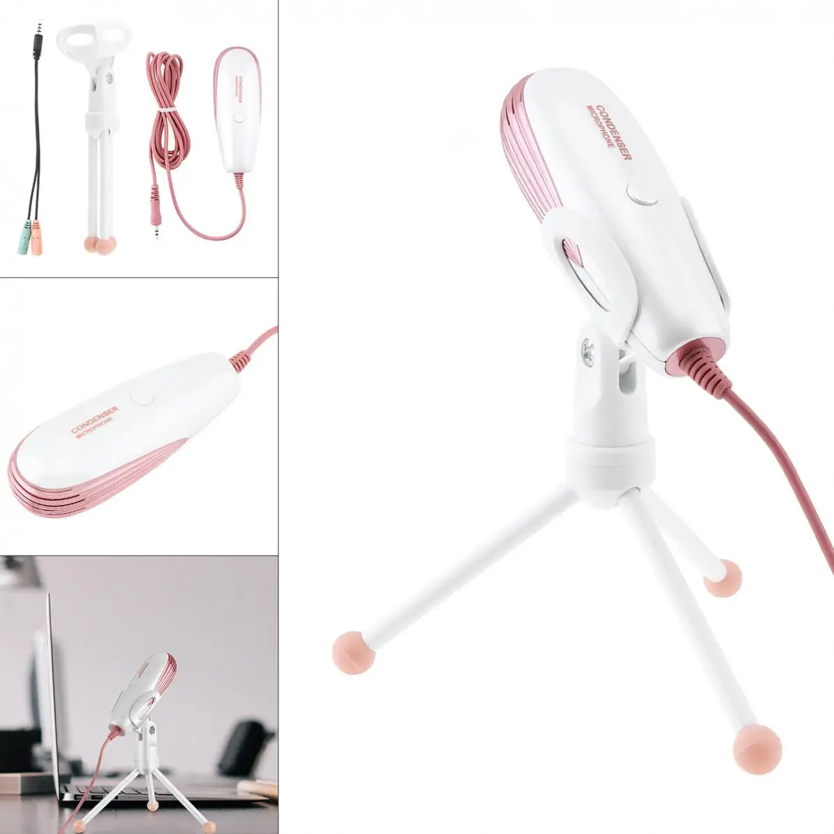 

Pink Computer Capacitive Microphone for Personal Online Game Competition / Meeting / Speech with Foldable Tripod Bracket