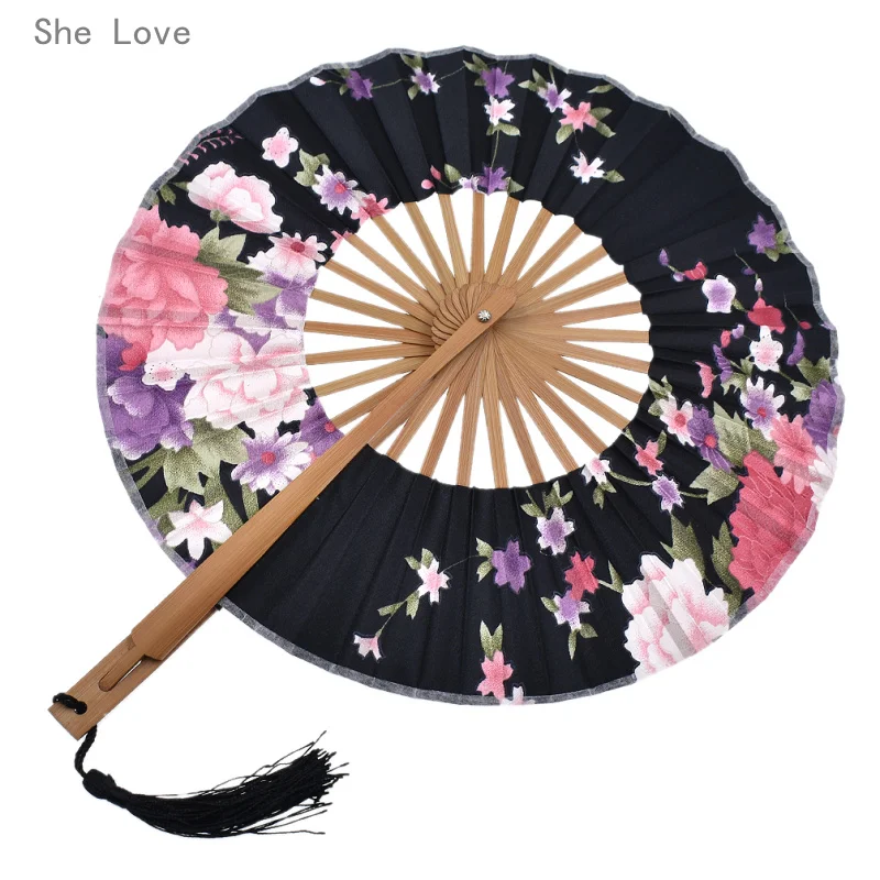 Japanese Windmill Circle Round Hand Fan Floral Fabric Wedding Party Folding Fan 