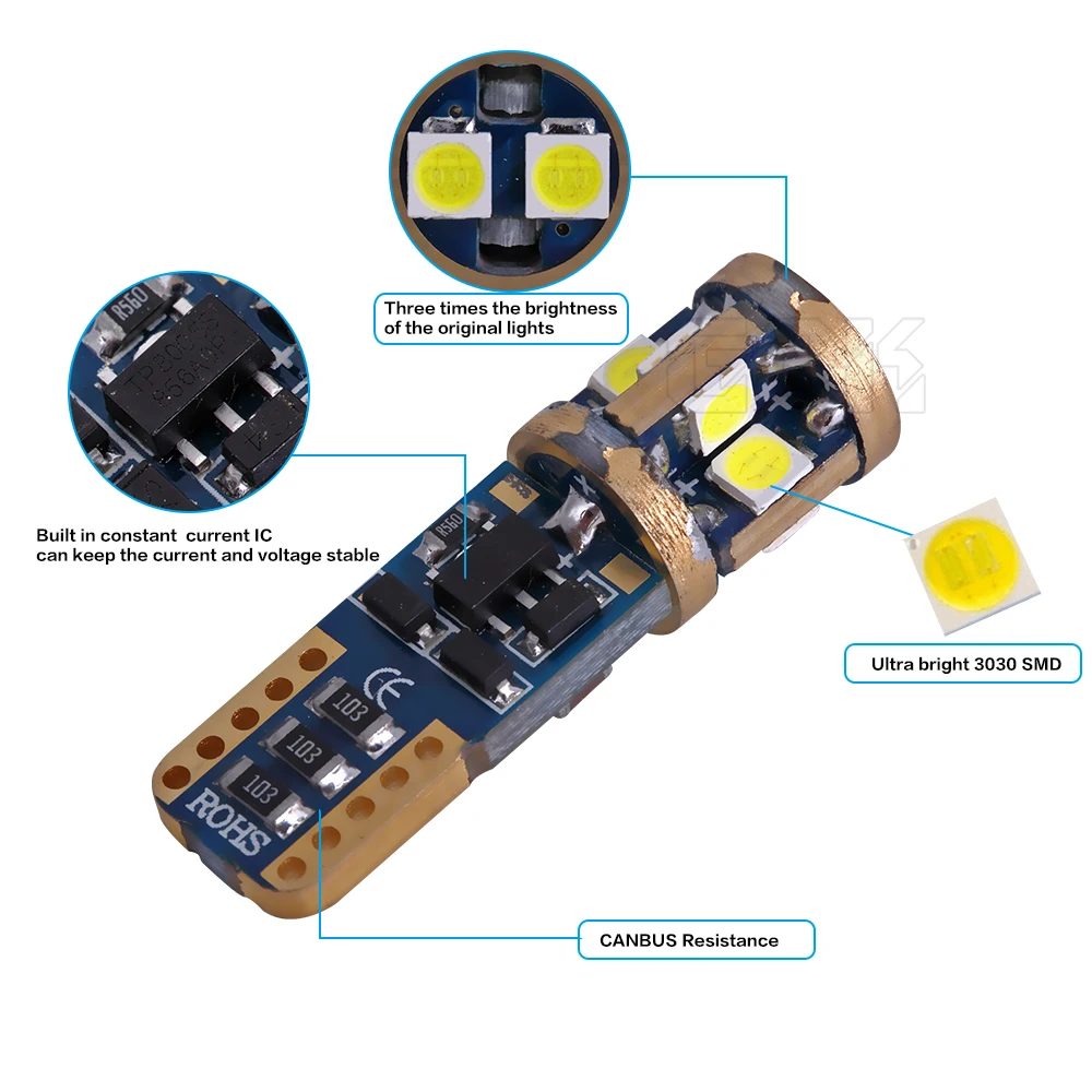 50 шт. T10 CANBUS ОШИБОК W5W 194 168 супер яркий светодиодный 3030 SMD W5W T10 10smd Авто Чтение лампа Клин хвост сторона лампы