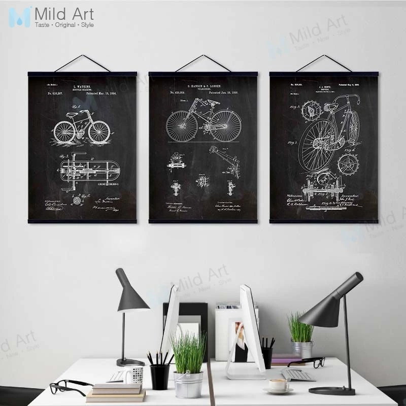 

Black White Vintage Patent Sketch Posters Bike Bicycle Hipster Wooden Framed Canvas Painting Scroll Wall Art Picture Home Decor