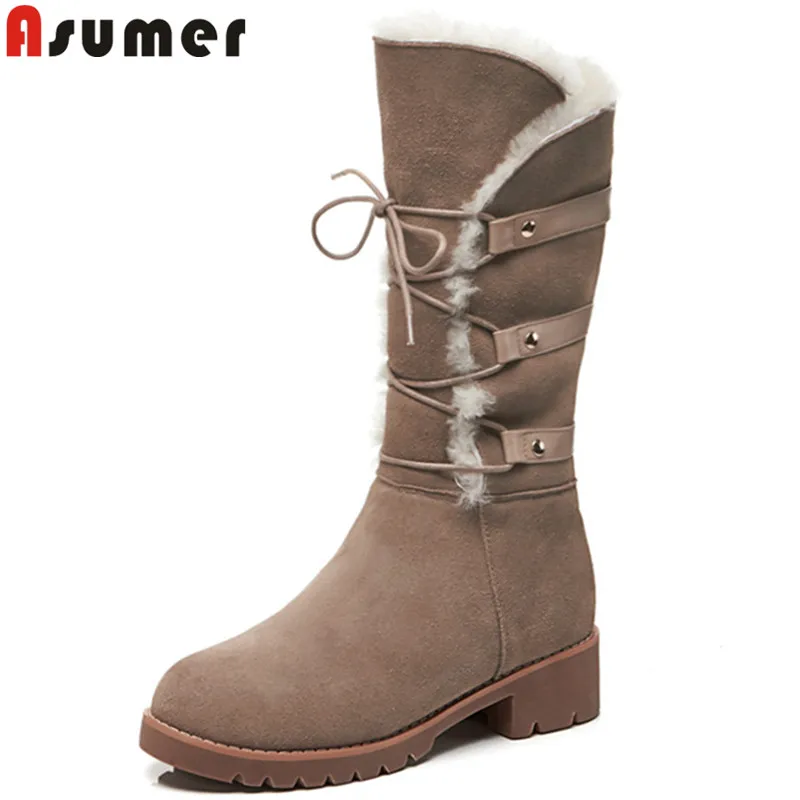 

ASUMER 2019 new mid calf boots round toe cross tied med heels shoes woman wool keep warm comfortable snow boots women