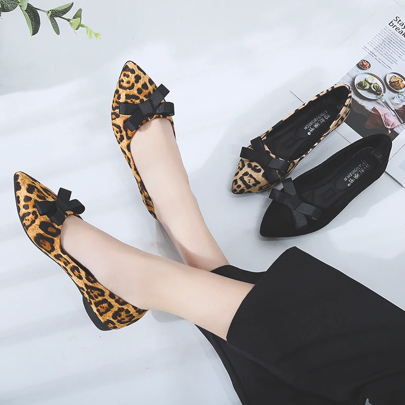 

New Leopard Women Shoes Woman Ballet Flats Loafers Bow Knot Pointed Toe Slip on Flock Casual Shoes Low Heels Single Ladies Shoes