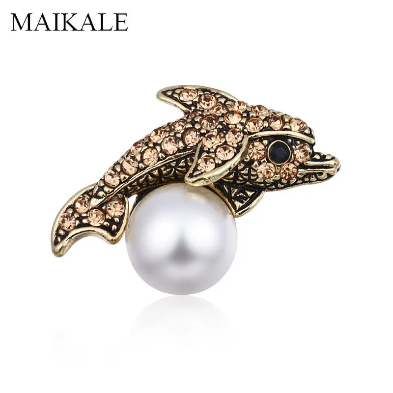 

MAIKALE Lovely Dolphin Brooch Pins Pearl Crystal Animal Brooches for Women Clothes Shirt Suit Kids Bag Accessories Broche Gifts