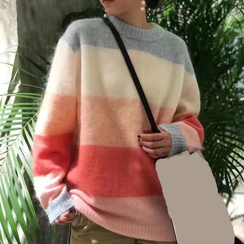 Nuovo Caramella Primavera Femminile E Lunga Maglione Allentata Camicette Dolce Donne Colore Blu O Righe Delle Pullover Della Lavorato Maglia Di Caldo Mohair Magliette Manica collo A hQdsrBtCx