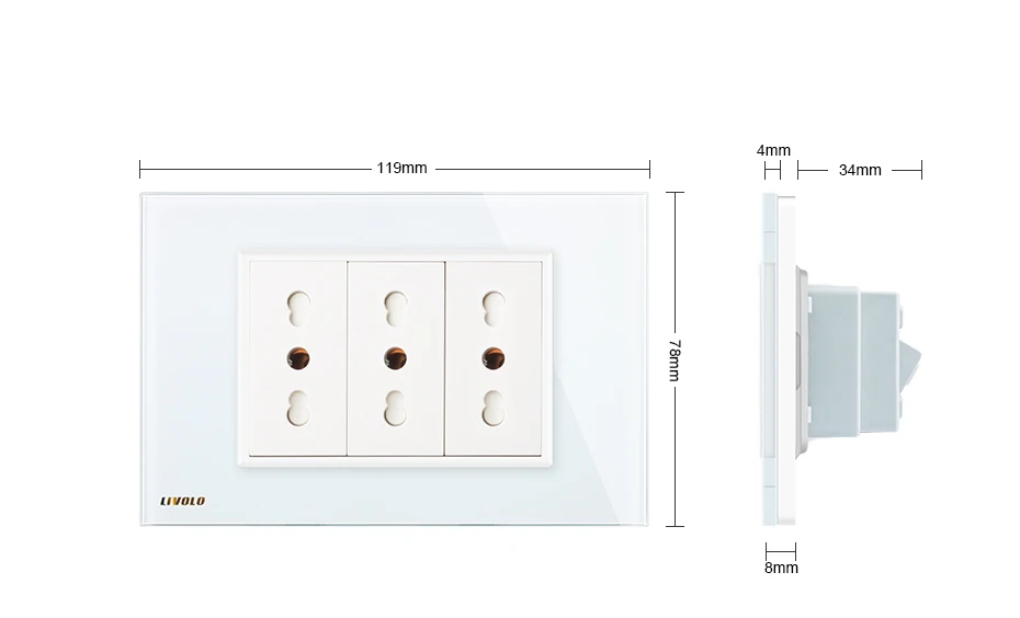 Livolo Италия Стандартный 3 булавки гнездо, белый кристалл стекло, 16A, 250 В, стены Powerpoints с вилкой VL-C9C3IT-11