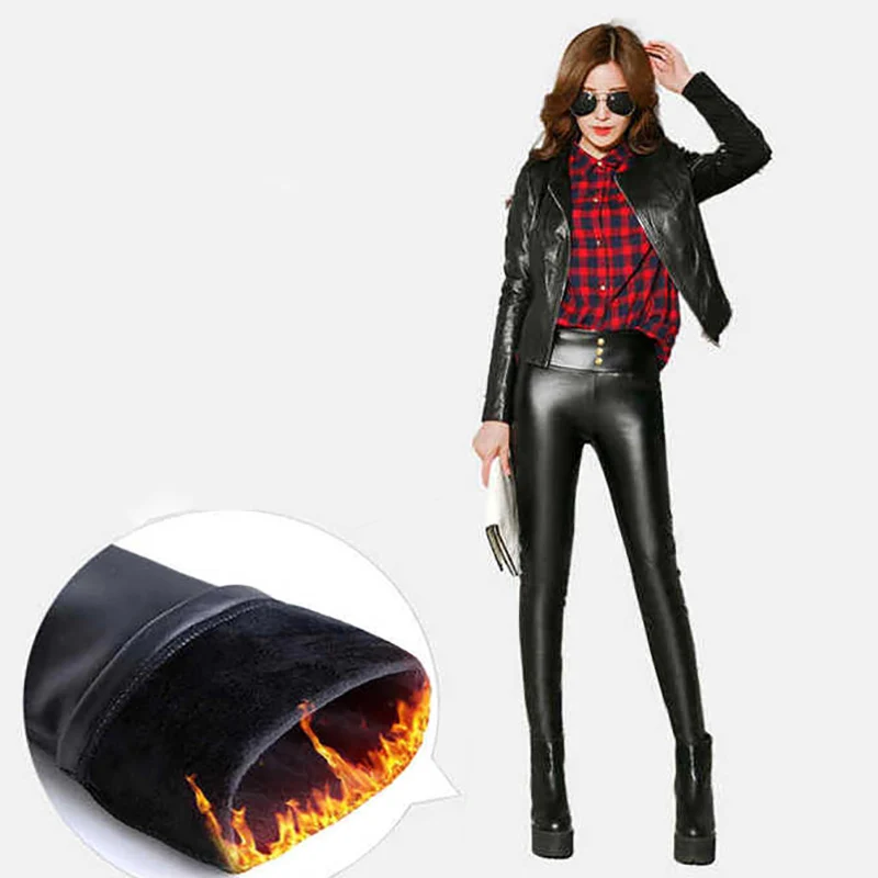 

Autumn Sexy Ms. PU leather plus Velvet Pencil pants skinny skinny Casual pants Large size women's plush lining keep Warm Pants