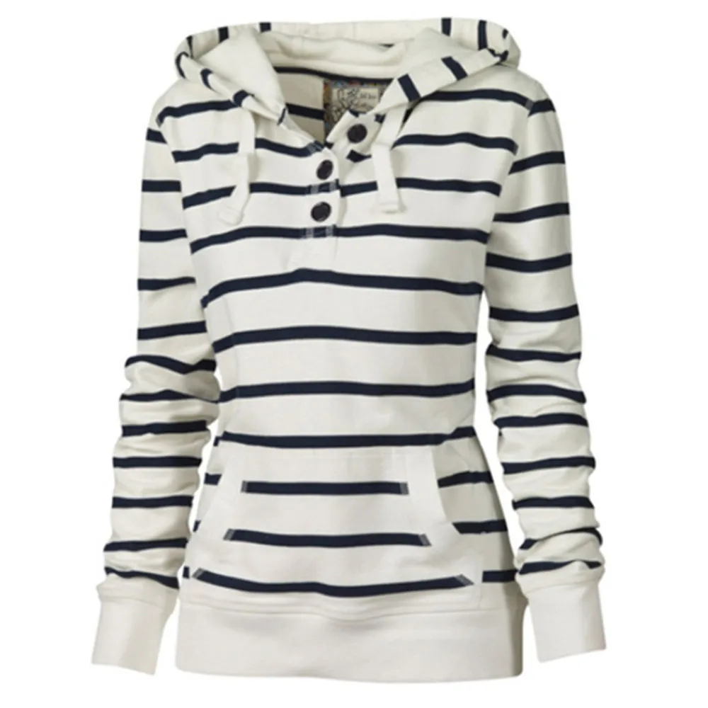 

Button-decorated striped top women long-sleeved hooded Sweatshirts pullover