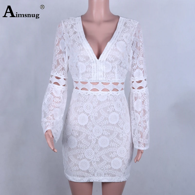 

Aimsnug Boho Solid White Flare Sleeve Deep V Neck Hook Flower Hollow Lace Female Short Dress 2019 Autumn Winter Women Dress