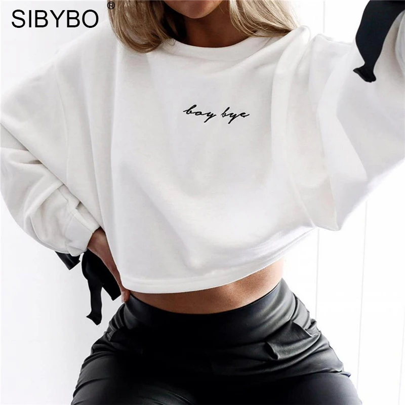 Женский трикотажный топ Sibybo белый короткий с круглым вырезом и бантом длинным