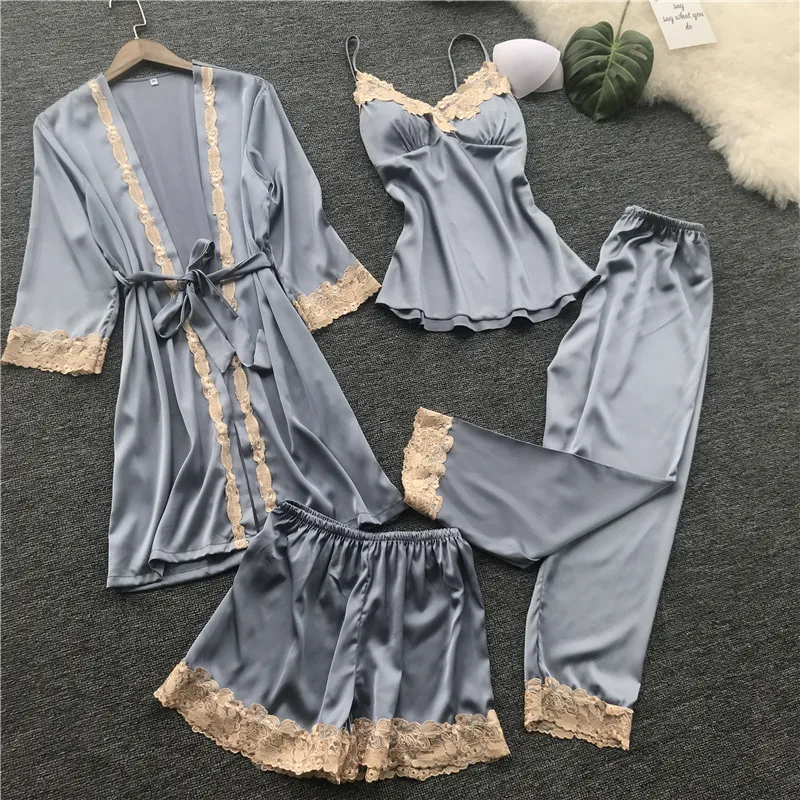

Sexy Women Pajamas 4 Pieces Sets Lace Satin Sleep Lounge Embroidery Ladies Indoor Clothing 2019 Silk Sleepwear with Chest Pads