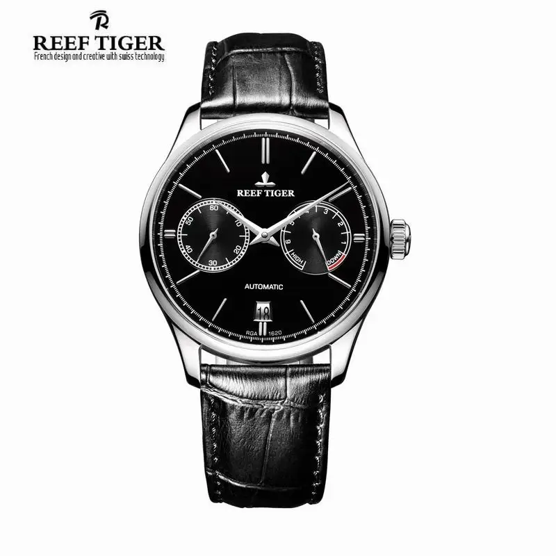 Reef Tiger/RT Mens Elegance Simple Business Watches Automatic Watch with Date Power Reserve Steel Watch RGA1620