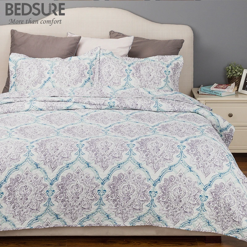 Bedsure Plaid Quilt Coverlet Set Bedspread 3 pcs Floral Paisley Grey