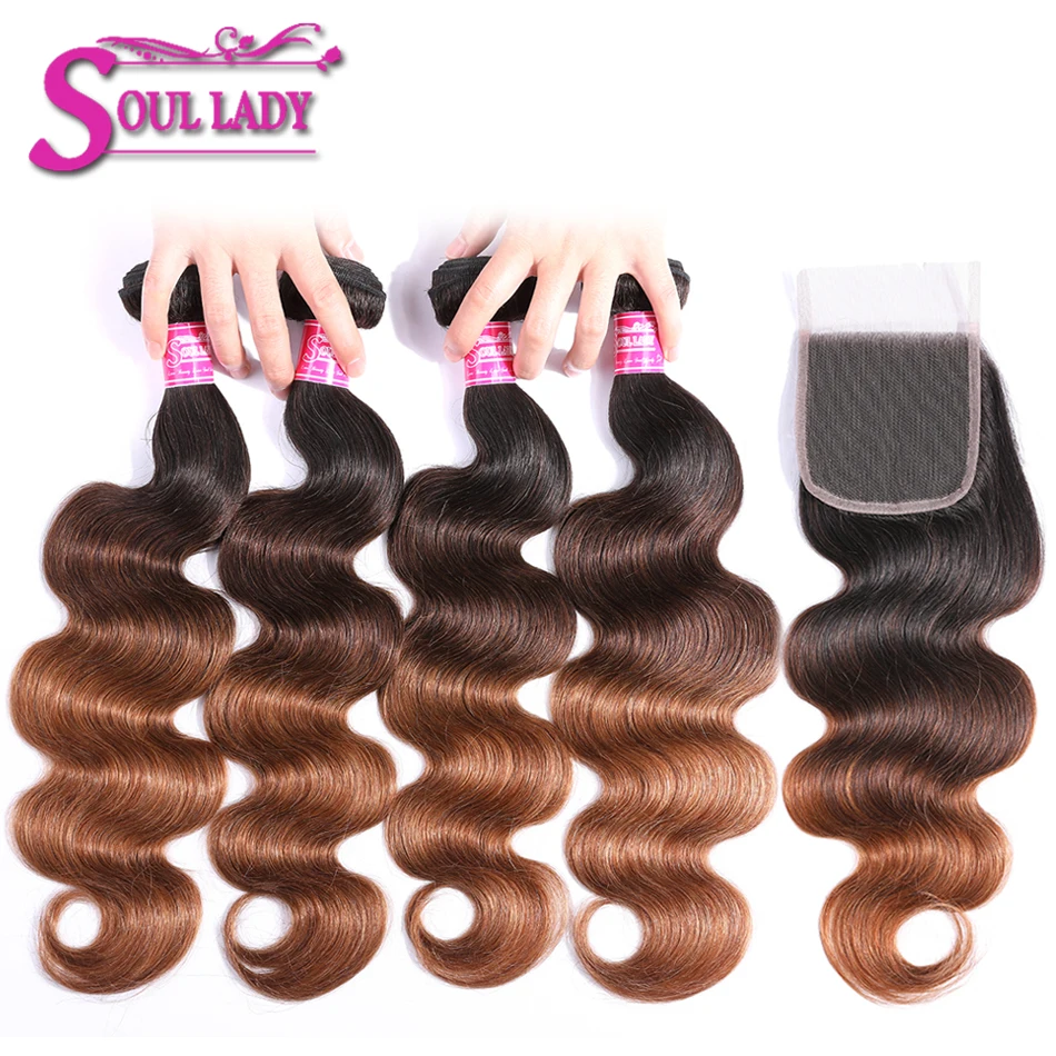 

Ombre Body Wave Human Hair Bundles With Closure Non Remy Colored Brazilian Hair Weave 4Bundles With Closure 1B/4/30 3 Tone Color