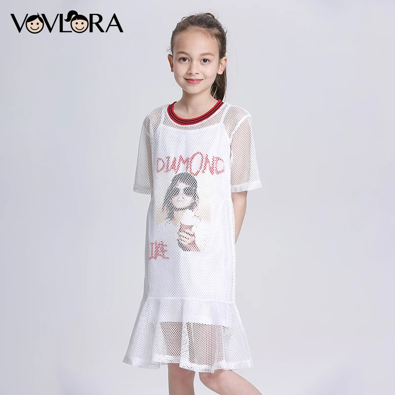 Two Piece Mesh Ruffles Kids Dress Print A Line O Neck Girls Dress Casual Summer 2018 Children Clothes Size 9 10 11 12 13 14 Year orange roll neck casual dress with two side pockets