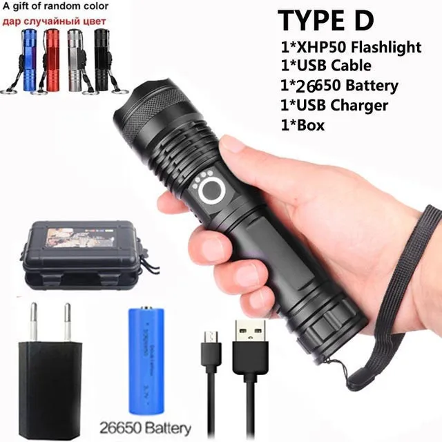 Yunmai 80000LMs Powerful LED Flashlight XHP70 XHP50 Rechargeable USB Zoom Torch XHP70.2 18650 26650 Self Defense Hunting Lamp - Emitting Color: D