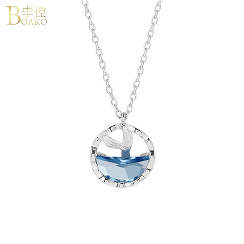 

BOAKO Mermaid Tail Necklace Women 925 Sterling Silver Necklaces & Pendants Blue Crystal Necklace Girlfried Gift Party Jewelry