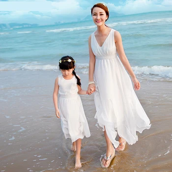 

New family clothing mom and daughter v-neck dress mom and daughter set family look white dress girls dresses roupas mae e filha