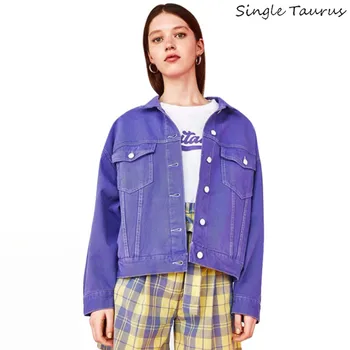 

2019 Fall Winter Loose Women Jackets Streetwear Macaron Purple Casaco Feminino Long Sleeve Jaqueta Feminina Hip Hop Denim Jacket