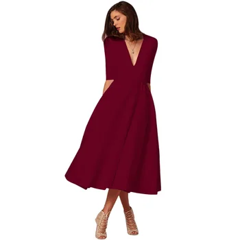 

2019 Fashion Hot Ball Gown Women Hepburn Style Dress High Waist Pleated Midi Dress Evening Party Wine Red V Neck Ladies Dress
