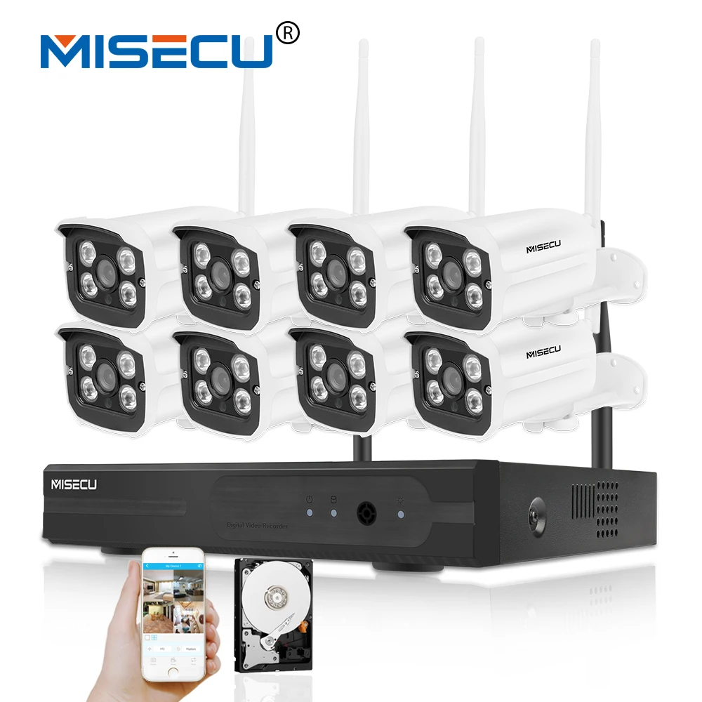 MISECU 8CH 720P HDMI 1080P complete WIFI system 8pcs 1.0mp WIFI  array IR LED Camera plug&play Wireless 2.4G P2P Waterproof CCTV