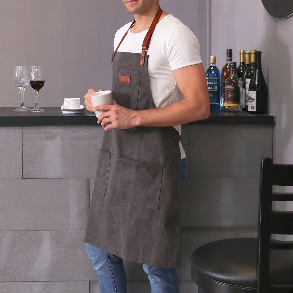 WEEYI Fashion Canvas Coffee Shop Aprons Carpenter Barber Working Apron Bib Woodworker Chef Cooking Kitchen Aprons For Woman Man