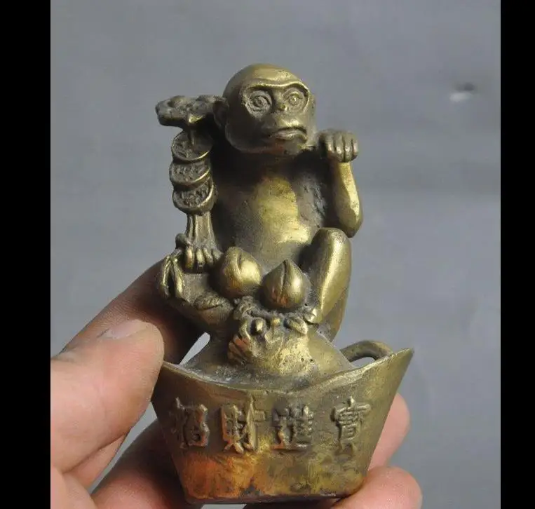

671115833*++3" chinese brass fengshui Zodiac Auspicious wealth money coin ruyi monkey statue