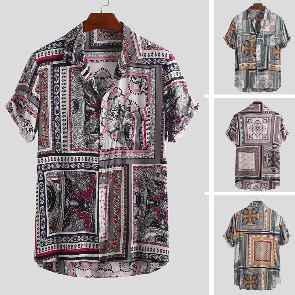 

Mens Hawaiian Shirt Male Casual Printed Mens Vintage Ethnic Printed Turn Down Collar Short Sleeve Loose Casual Shirts M-3XL