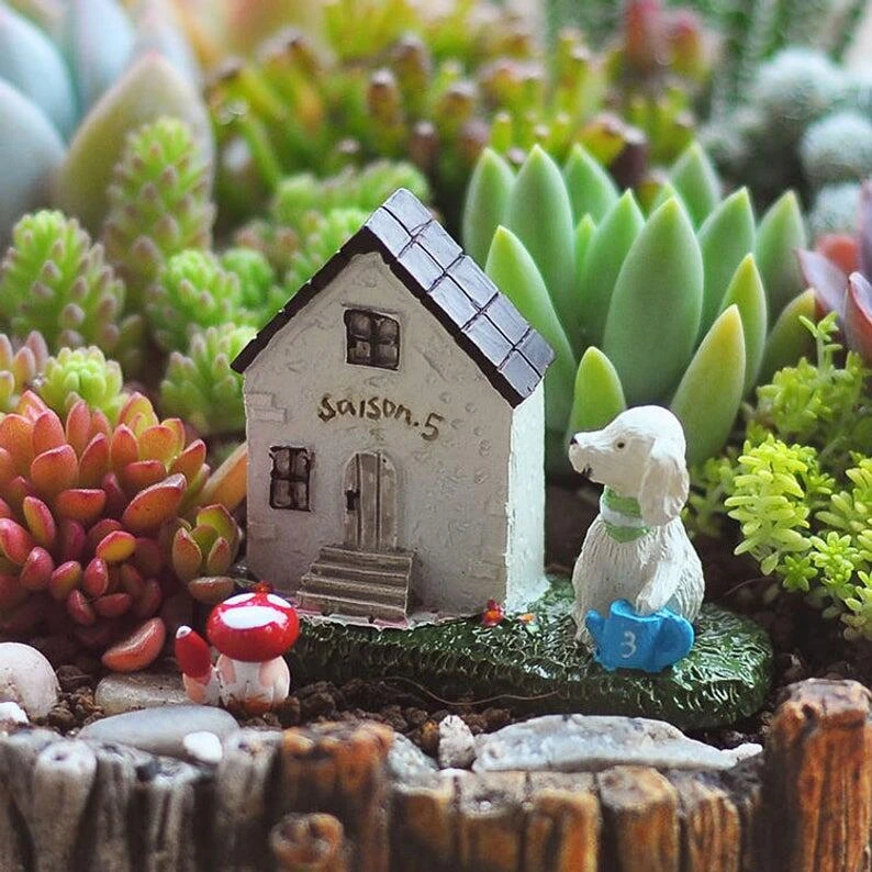 Flower Decoration A Puppy Sat By House Fairy Garden Supplies Garden Decoration Terrarium Accessories Flower Pots Planters Aliexpress