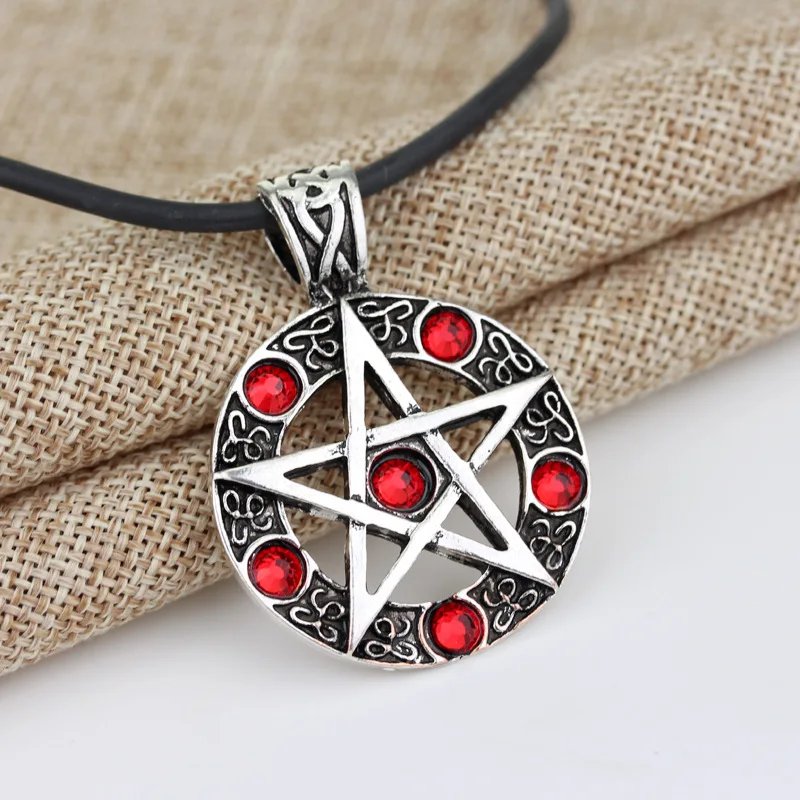 

Supernatural Witch Protection Pentagram Amulet Necklace Red Black Crystal Leather Rope Women Men Jewelry