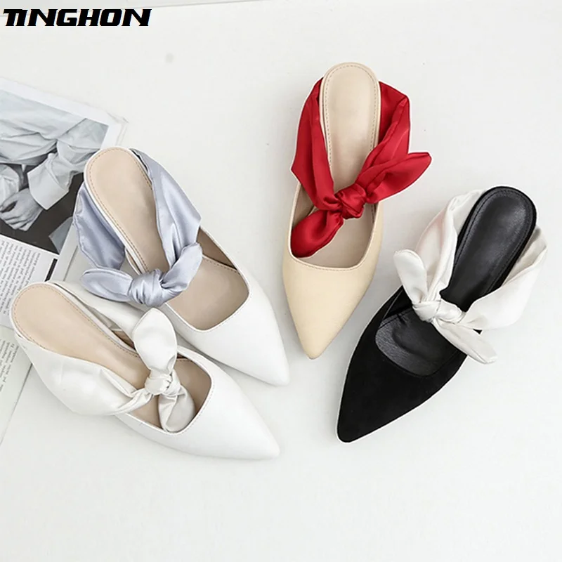 

TINGHON Bowtie Kitten Heel Women Mules Patchwork Pointed Toe Women Pumps Fashion High Heel Elegant Office Women Shoes