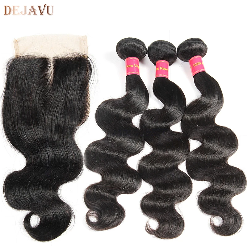 Dejavu Indian Hair Body Wave 3 Bundles With Closure Non Remy 8-28 Inch Human Hair Weave Bundles Hair Extension 4*4 Lace Closure