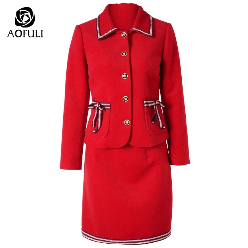 AOFULI L ~ 4XL 5XL женский шерстяной комплект с юбкой в английском стиле женские костюмы