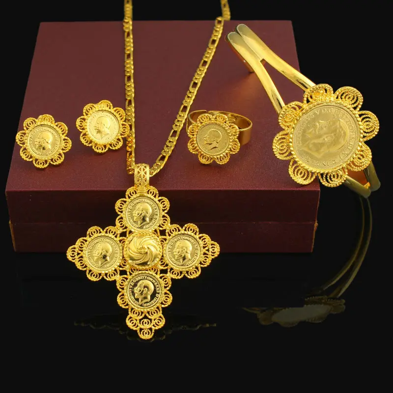 

New Arrival Ethiopian 5pcs Coin Cross Wedding Jewelry Sets 24K Gold Color Bridal Romantic Habesha Jewelry for Women Best Gifts
