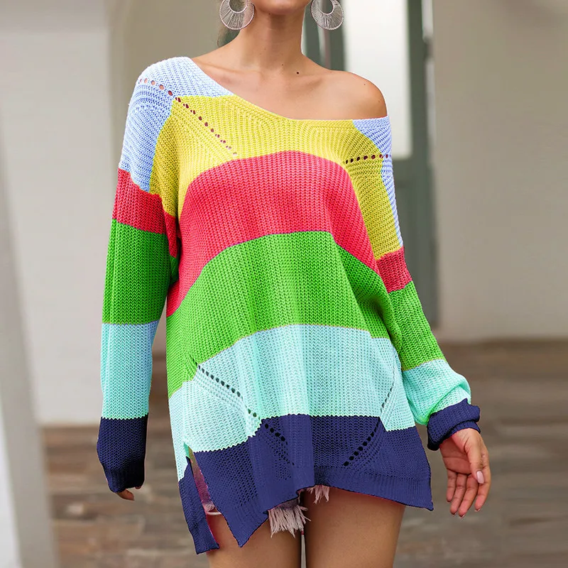 

Womans Sweaters for Autumn Loose Casual Street Color Patchwork Rainbow Sweaters Women Pullover Knit Sweater Plus Size PR683G