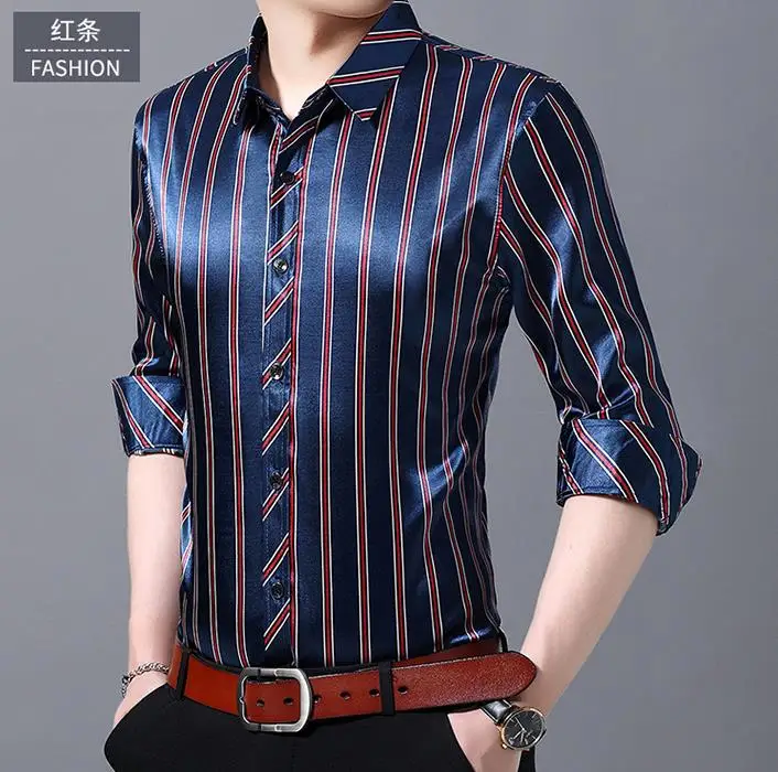 Men Summer Thin Silk Shirt Men Business Casual Shirts Stripe Long Sleeve Print Shirt Cool and breathable