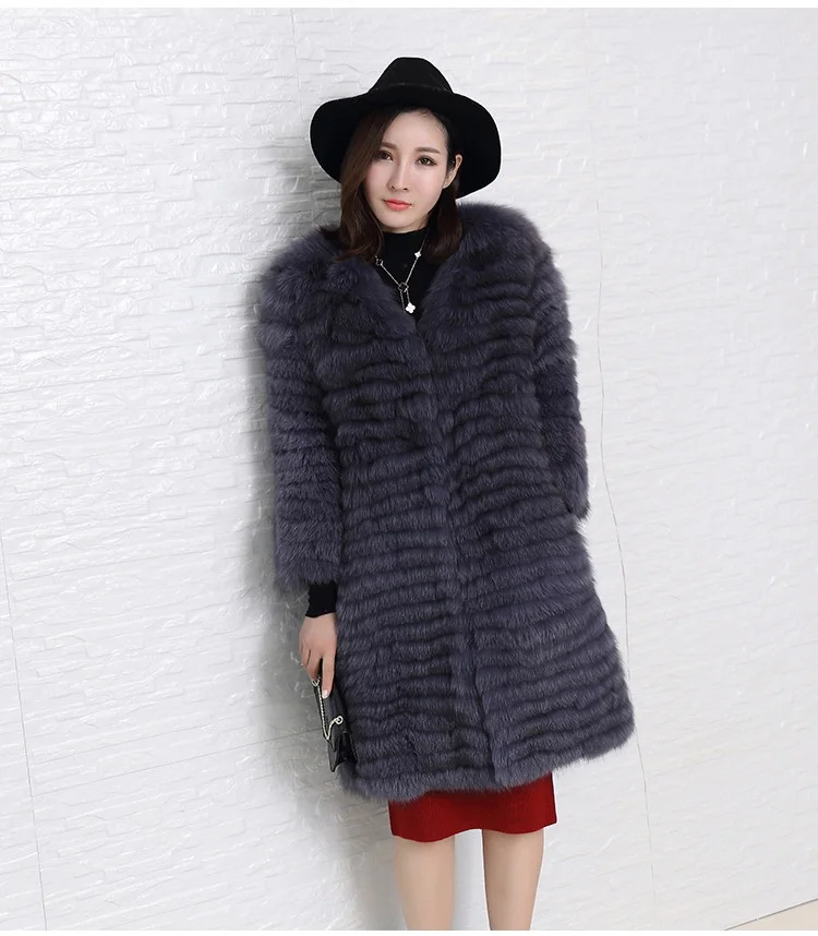 

Real fox fur coats for women autumn winter natural fox fur long jacket 90cm length dark gray white black fur C123