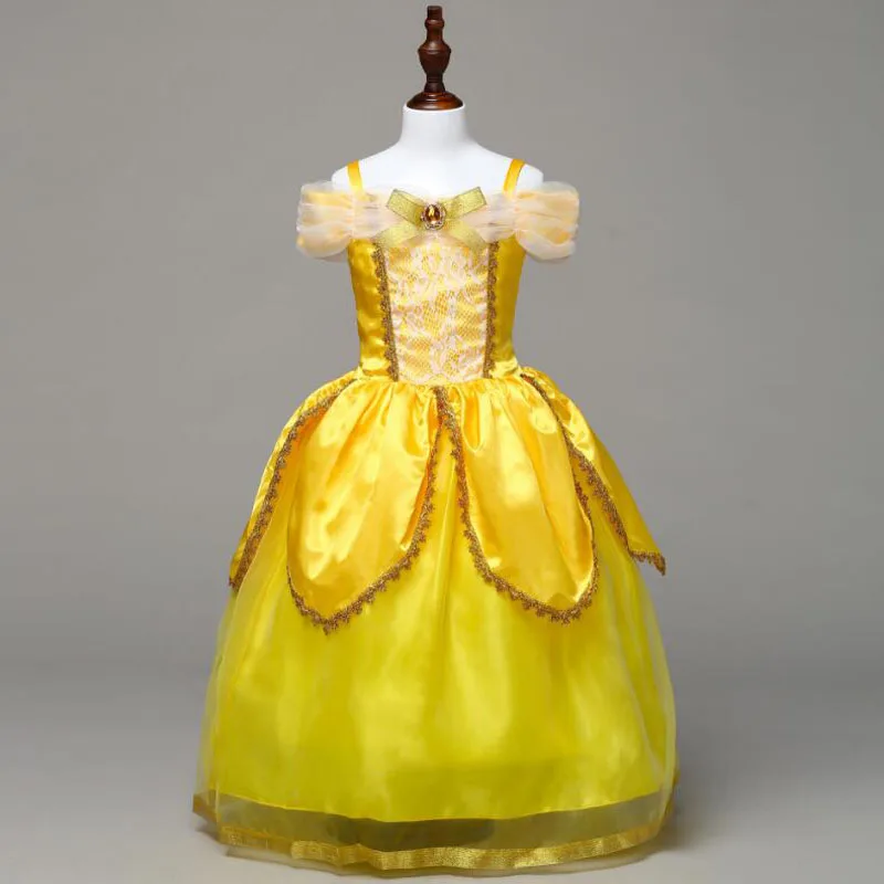 Детское платье для девочек с открытыми плечами и желтым бантом; вечерние платья принцессы; платье для костюмированной вечеринки для От 1 до 13 лет; платье для девочек