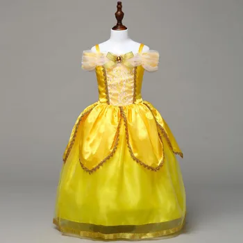 

Children Girl Dressing Shoulderless Yellow Bowknot Dresses Princess Party Beauty Belle Cosplay Dress For 1-13 Year Kid Girl