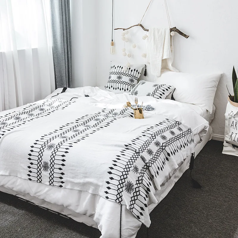 Элегантное вязаное одеяло с геометрическими бриллиантами, зигзагами и снежинками, наволочка для подушки, чехол с бахромой