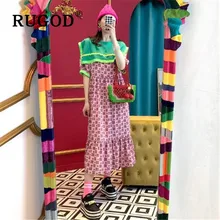 RUGOD винтажное печатное лоскутное женское платье, элегантное матросское шифоновое летнее платье с воротником, Дамское модное платье с оборками и коротким рукавом