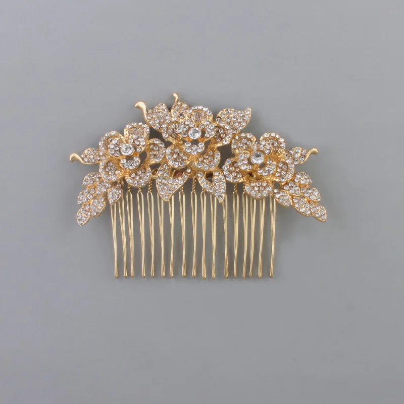 

SLBRIDAL New Arrival Hot Selling Golden Clear Rhinestones Crystals Flower Leaf Wedding Hair Comb Bridal Hair Accessories Brides