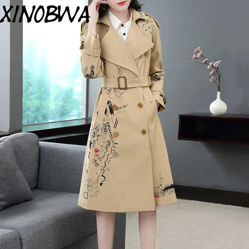 

Women Winter High Fashion Turn Down Collar Double Breasted Printed100%Cotton Trench Coats Withe Belt Female Windbreaker Outwear