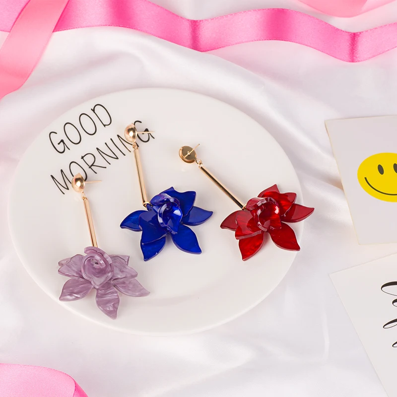 Vintage Big Acrylic Drop Earrings for Women 2018 New Metal Dangling Blue Resin Earrings Fashion Jewelry Long Flowers Brincos (1)