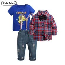 Комплект детской одежды для мальчиков с в клетку рубашка с длинными рукавами+ мультфильм короткая футболка+ джинсы на подтяжках 3 шт. Мальчиков джентльмен костюм ST406