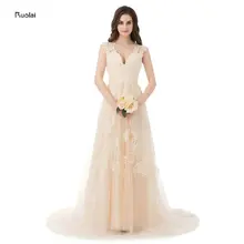 Hot Sale Real Photo Champagne Lace Wedding Dress 2017 Appliques Cap Sleeves Sheer Back Bridal Gown Wedding Gown Custom Made