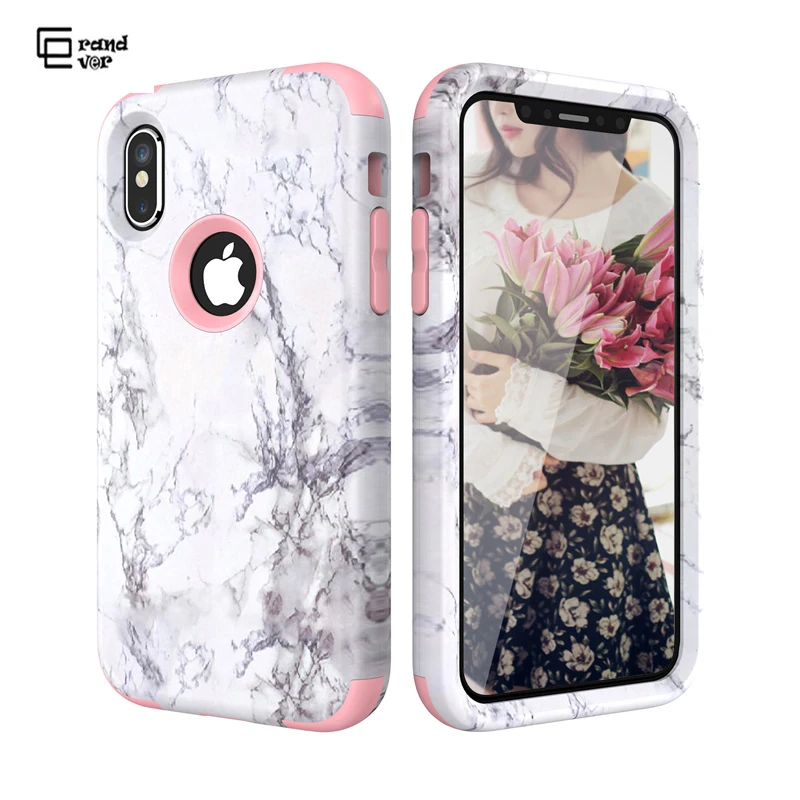 

GrandEver Hard Marble PC Silicone Bumper Case for iPhone 6 6s 7 8 Plus for iPhone 5 SE X 360 Case Cute Unicorn 3 in 1 Cover