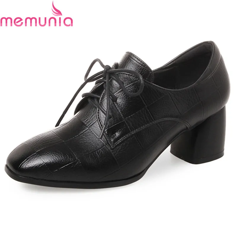 

MEMUNIA spring autumn fashion new arrive lace up casual shoes thick high heels square toe black pu leather women pumps