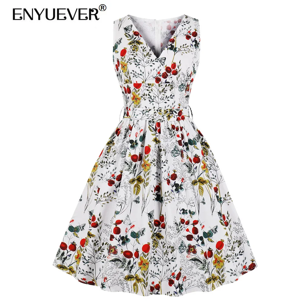 

Enyuever Vintage Dress Summer Women Casual Cotton Sleeveless Robe Retro Pin Up Swing Floral Print 50s Rockabilly Dress Vestidos