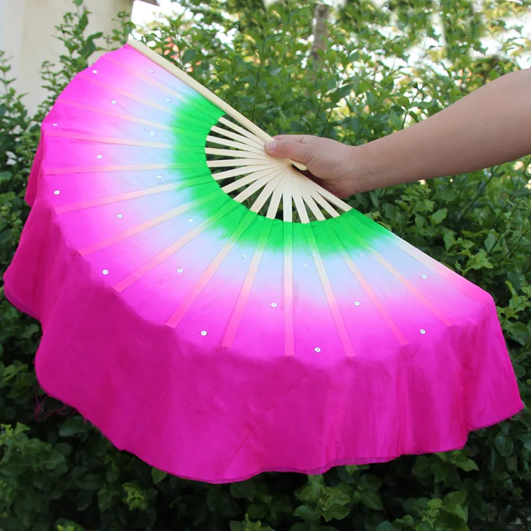 

1pair =2pcs Chinese Short Silk Dance Fan 30cm (12") Bamboo+10cm (4") Half Circle Silk Over Pink White Purple Black Blue Yellow