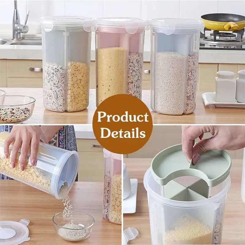 

Storage Box for Rice Beans with Seal Cover 4 Lattices Refrigerator Food Preservation Container Plastic Kitchen Storage Box
